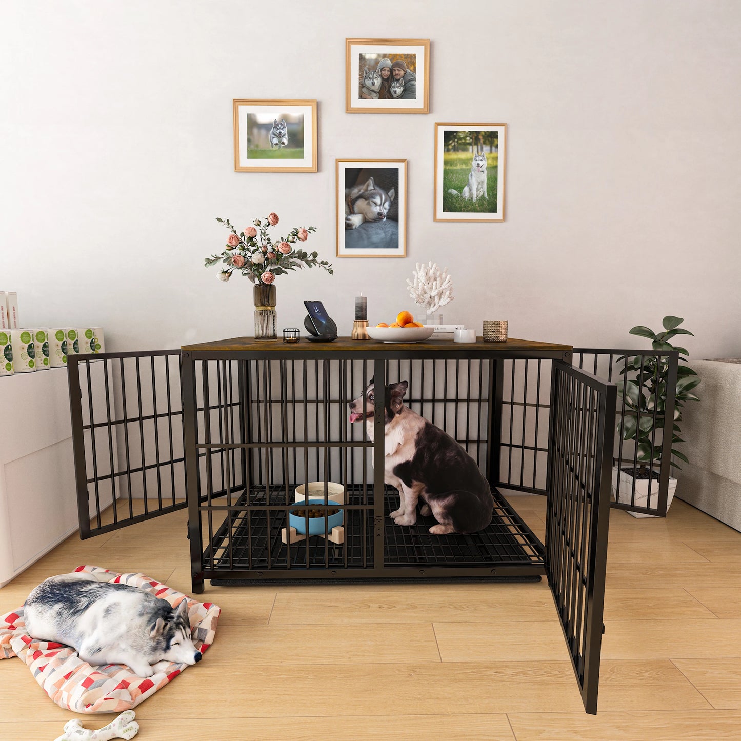 Furniture Style Dog Kennel – Extra Large Wooden Cage with Tray & 3 Doors for Medium & Large Dogs