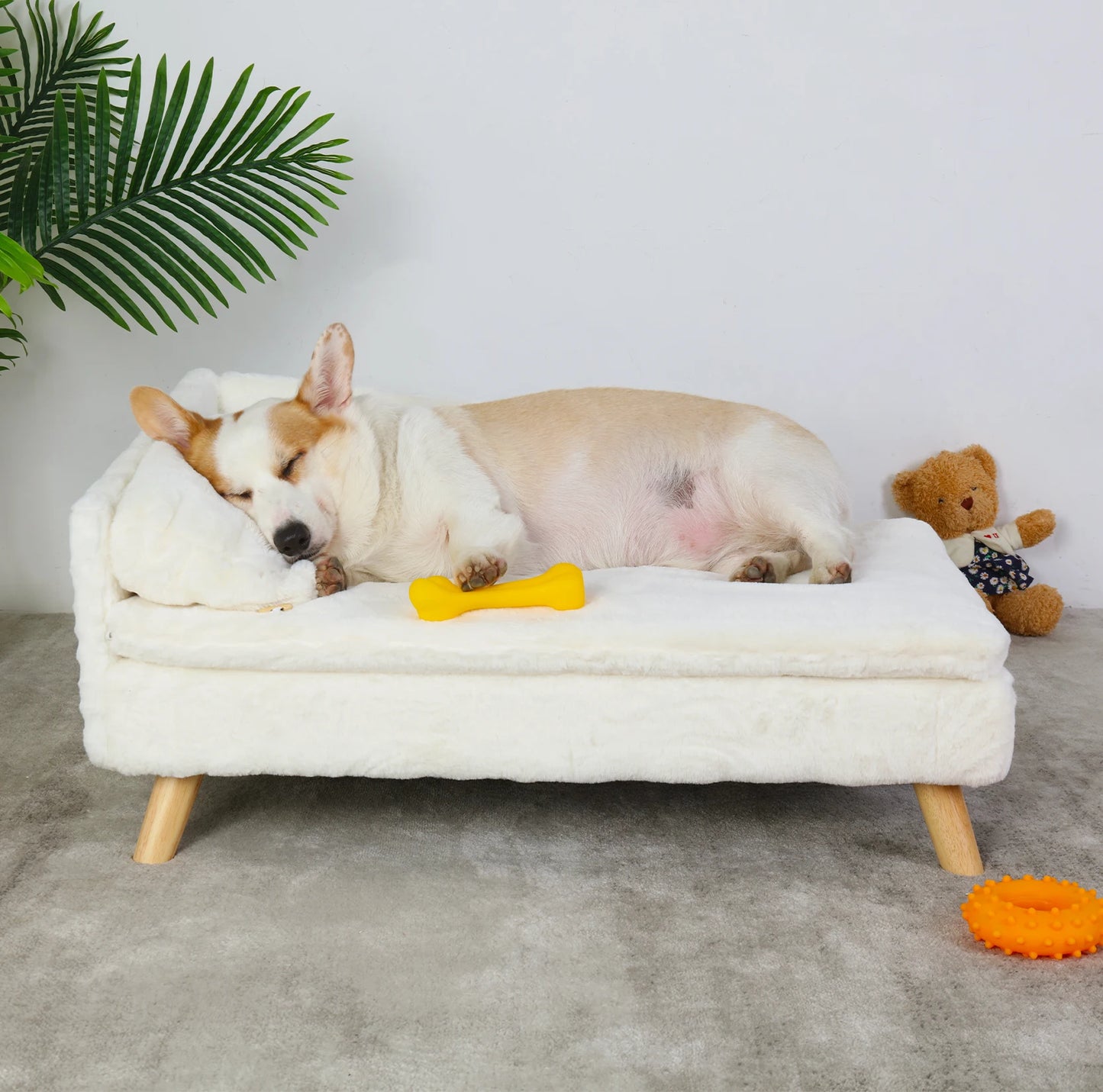 Elevated Pet Bed Sofa – L-Shaped Plush Couch with Solid Wood Legs for Dogs & Cats