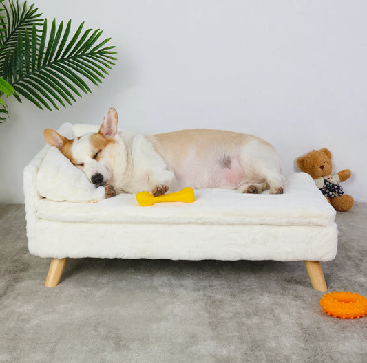 Elevated Pet Bed Sofa – L-Shaped Plush Couch with Solid Wood Legs for Dogs & Cats