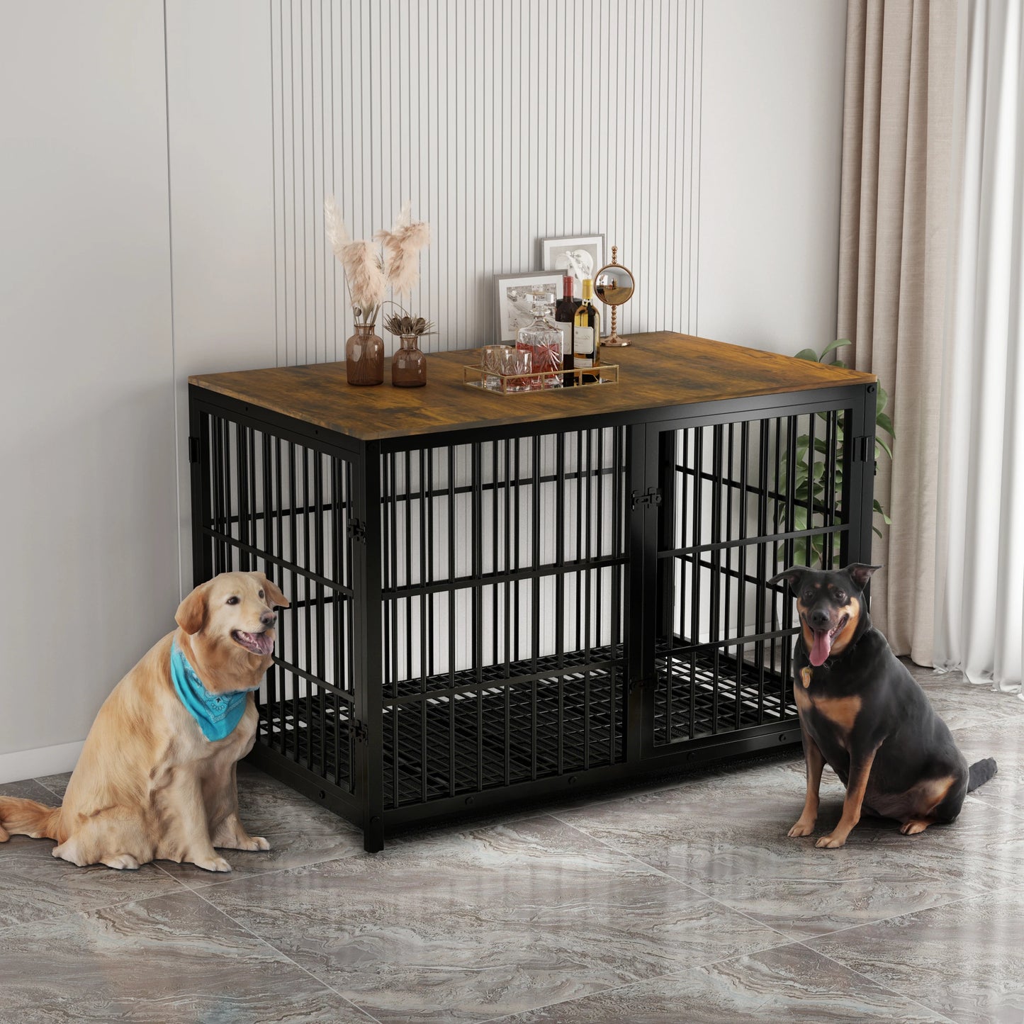 Furniture Style Dog Kennel – Extra Large Wooden Cage with Tray & 3 Doors for Medium & Large Dogs